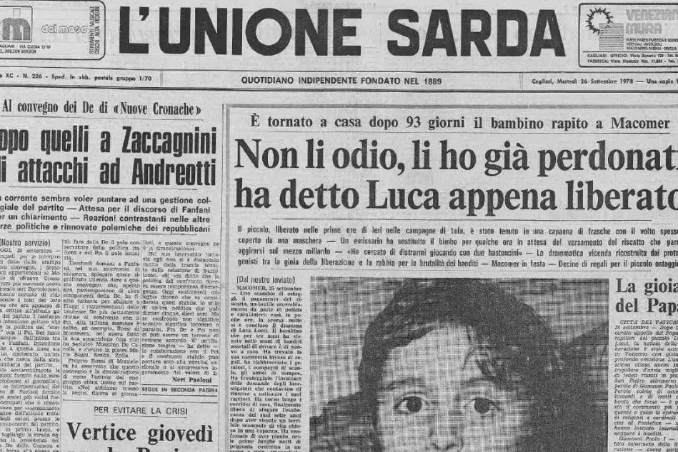 #AccaddeOggi: 26 settembre 1978, la liberazione del piccolo Luca Locci sulla prima pagina de L'Unione Sarda