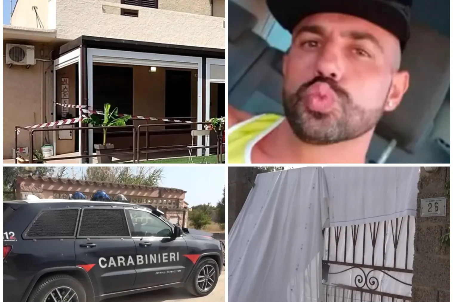 Dall'alto in senso orario: il bar di Solanas, Alessandro Pintus, l'intervento dei carabinieri, la casa di Margine Rosso
