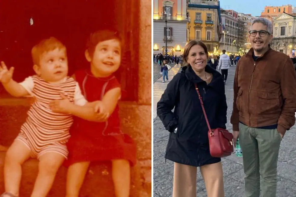 A sinistra Maria Candida e Alberto Urgu da bambini davanti a casa della nonna a Paulilatino e, a destra, in una foto recente