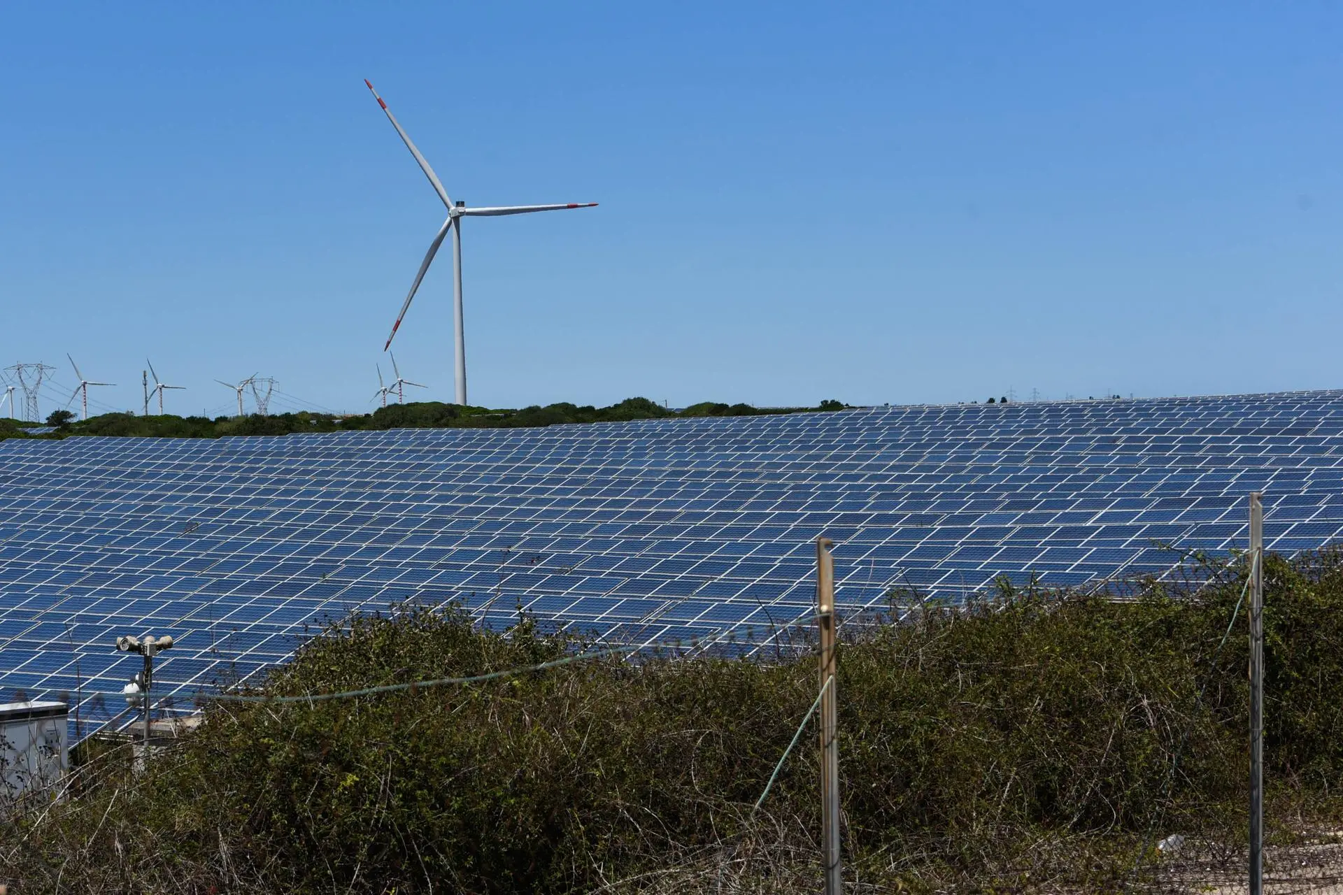 Una pala eolica e un campo fotovoltaico