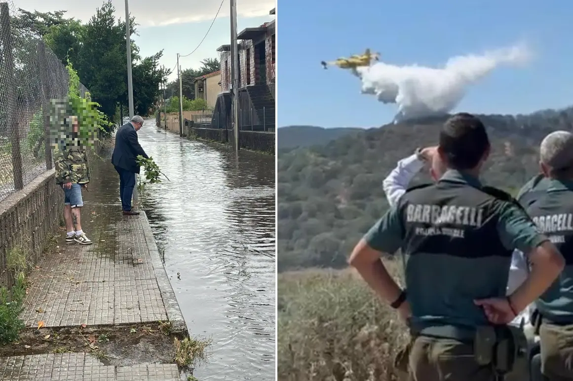 A sinistra la situazione a Mandas dopo il nubifragio del pomeriggio. A destra un incendio dei giorni scorsi