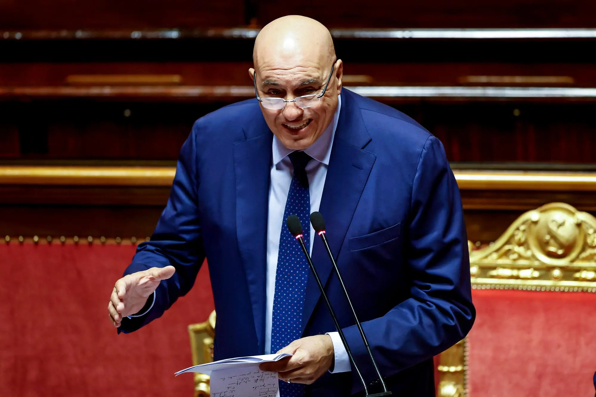 Il ministro alla Difesa Guido Crosetto in aula al Senato durante lÂ?informativa urgente in ordine agli attacchi occorsi a danno della Global Sumud Flotilla e allÂ?evoluzione della situazione sul fronte orientale europeo, Roma, 25 settembre 2025. ANSA/ANGELO CARCONI