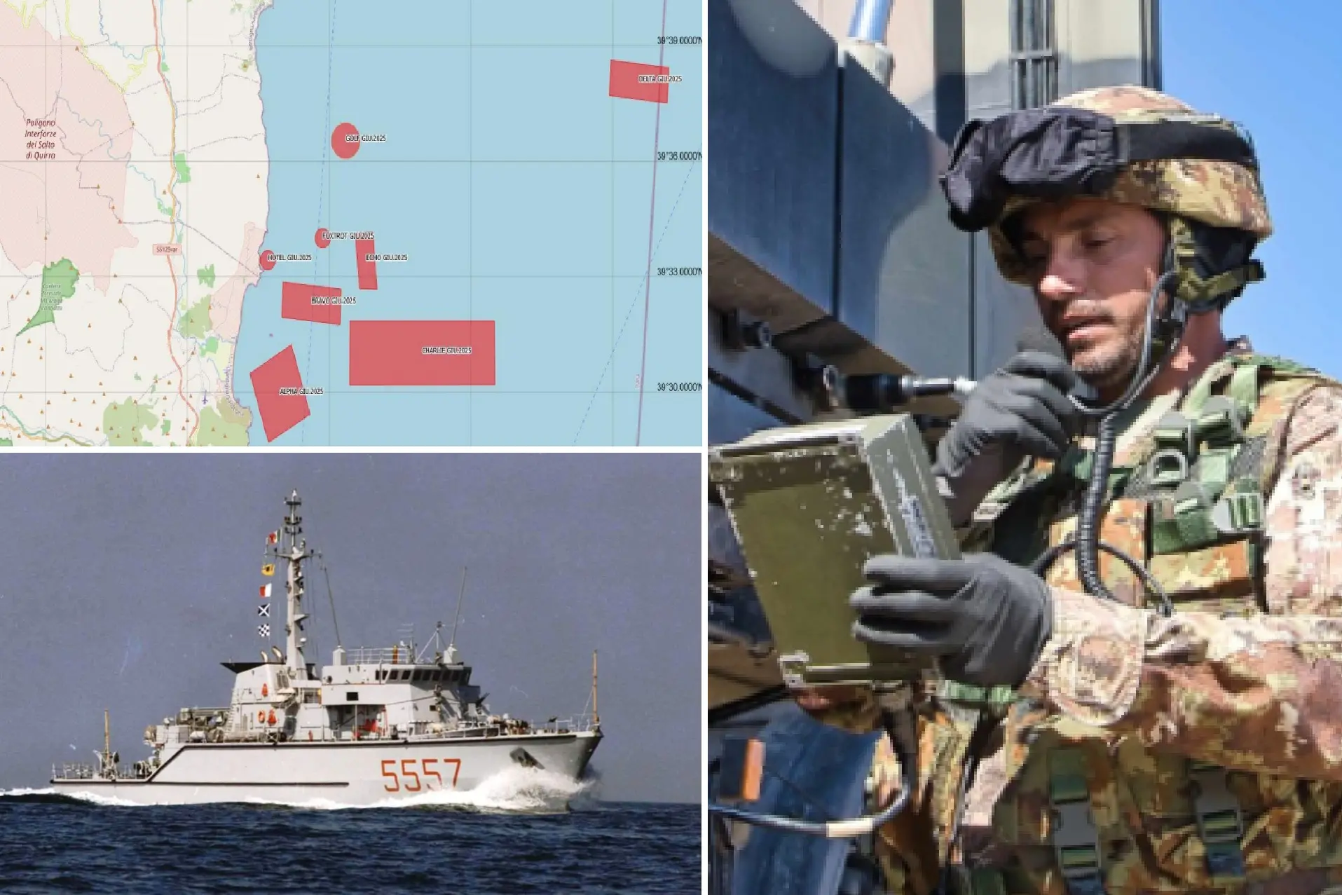 Sopra: le aree interdette, sotto la nave Numana e a destra un lanciatore di missili