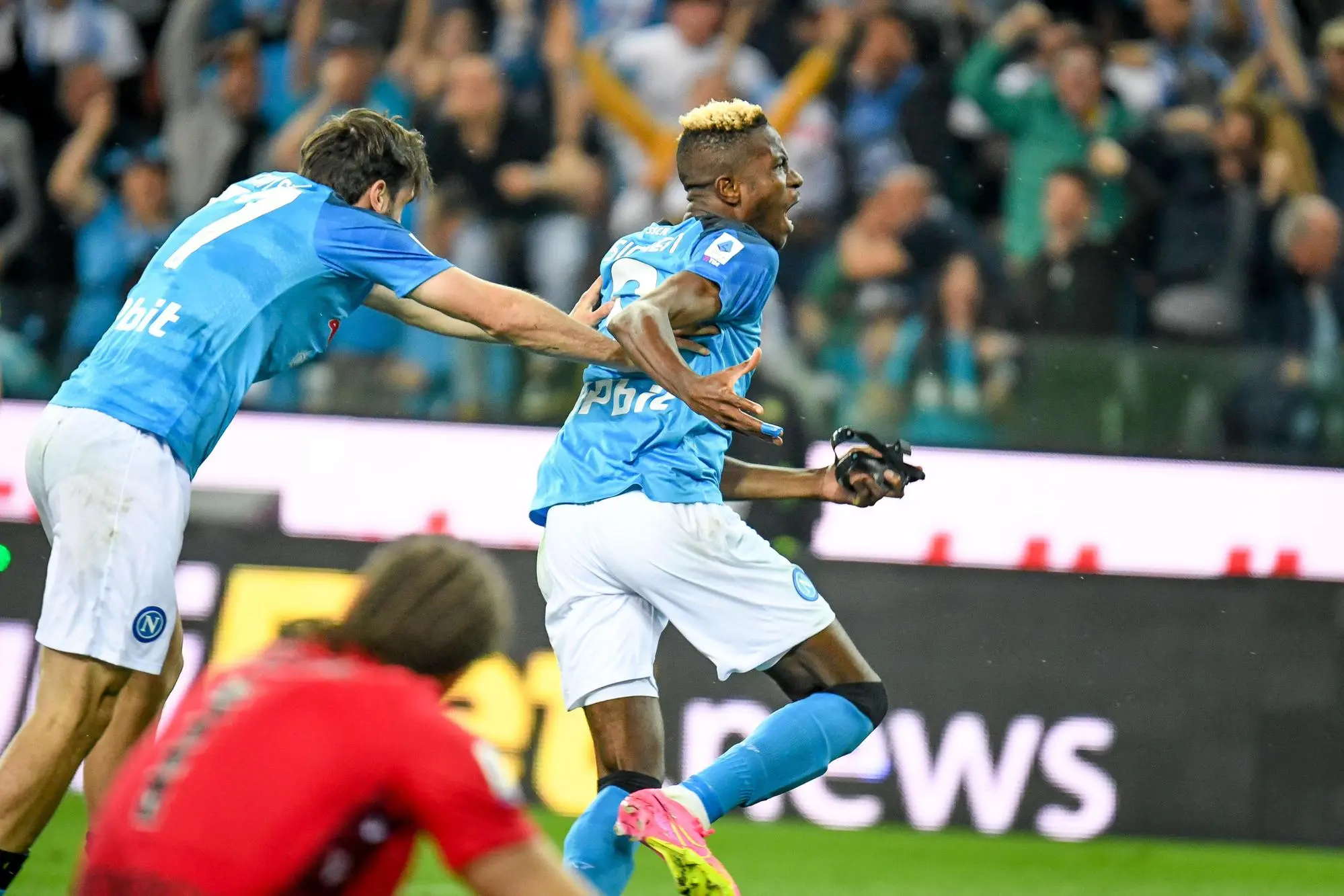 Napoli's Victor Osimhen celebrates after scoring a goal during the italian soccer Serie A match Udinese Calcio vs SSC Napoli at the Friuli - Dacia Arena stadium in Udine, Italy, 04 May 2023 ANSA/ETTORE GRIFFONI