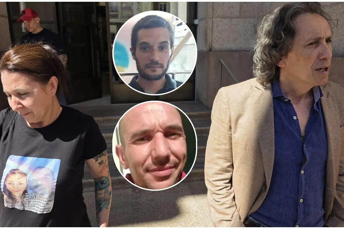 Nadia Calvia e l'avvocato Marco Palmieri, nei tondi Giovannino Pinna e Davide Calvia (L'Unione Sarda)