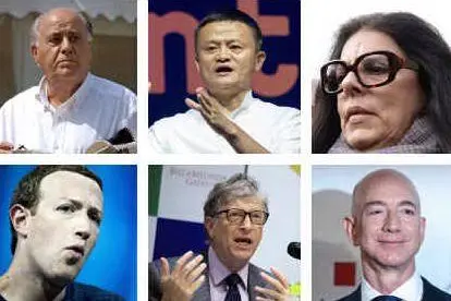 Dall'alto a sinistra, in senso orario: Ortega (Zara), Ma (Alibaba), Bettencourt (L'Oreal), Bezos (Amazon), Gates (Microsoft) e Zuckerberg (Facebook). (Ansa)