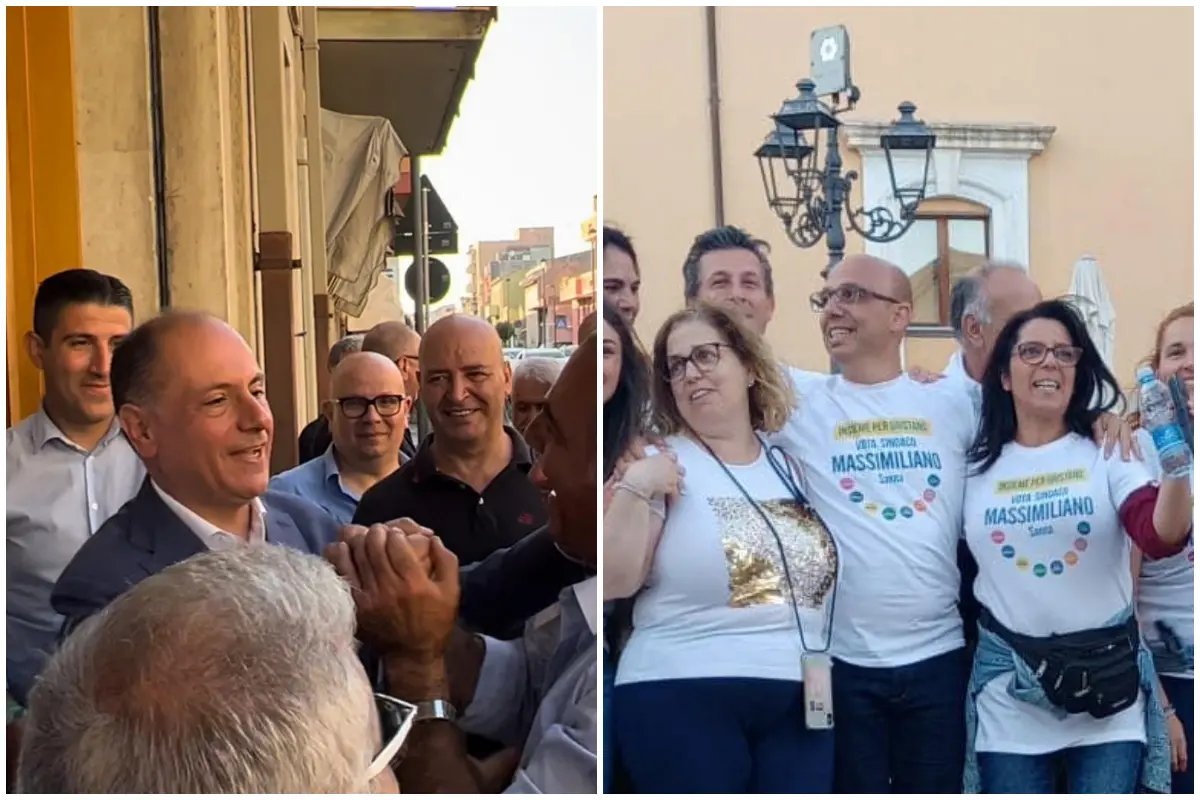 A sinistra la festa per Concu. A destra Massimiliano sanna con i suoi sostenitori (Foto da Facebook)