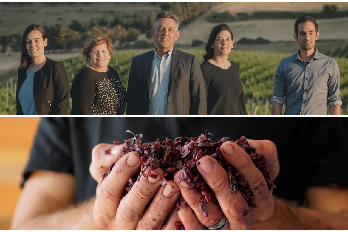 La famiglia Pilloni e un dettaglio della lavorazione delle vinacce (foto concessa)