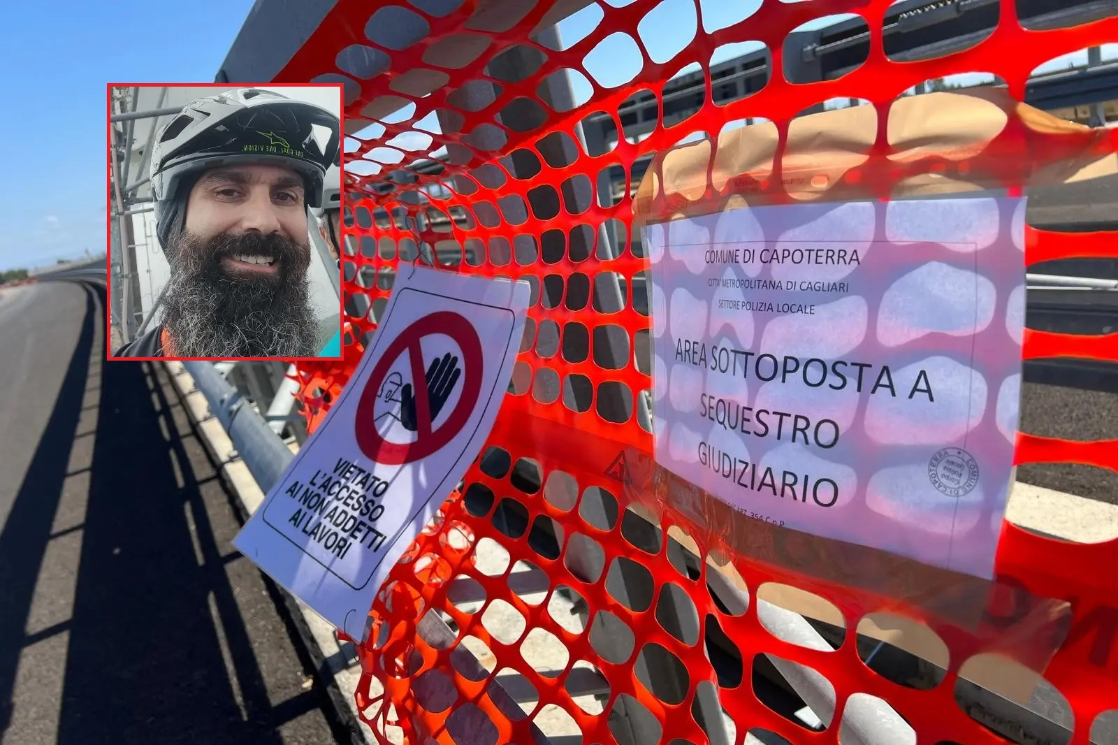 La zona sottoposta a sequestro nel cantiere della Nuova 195 e, nel riquadro, Michele Fuedda