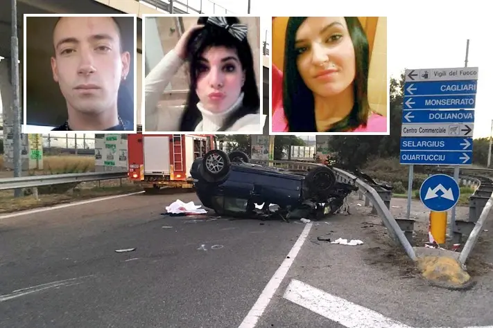 L'auto distrutta e, nei riquadri, Davide Giunchini, Anna Maria Perria e Manuelina Olla