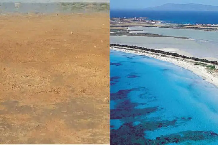 A sinistra una immagine delle saline, invase dalla terra rossa. A destra, invece, una panoramica che comprende la spiaggia di Putzu Idu e più in alto le saline al naturale