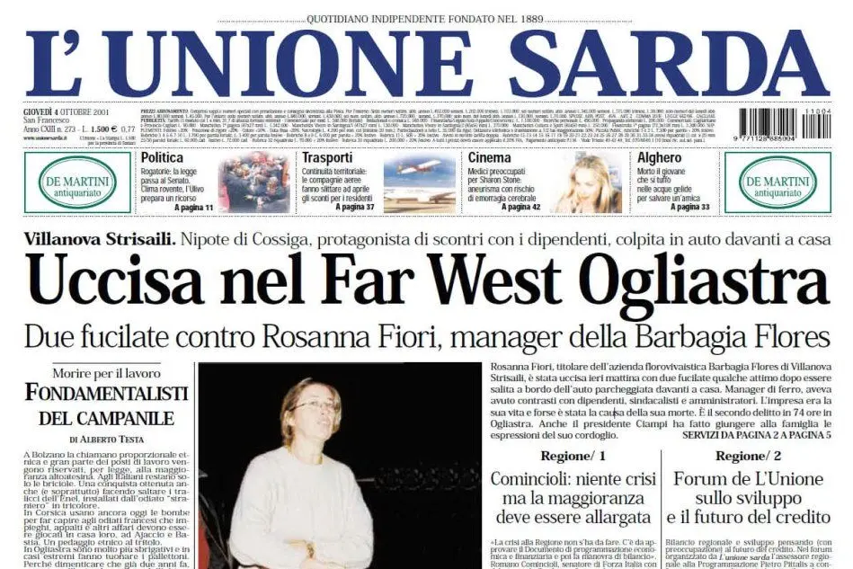 #AccaddeOggi: 3 ottobre 2001, uccisa a fucilate in Ogliastra la manager Rosanna Fiori