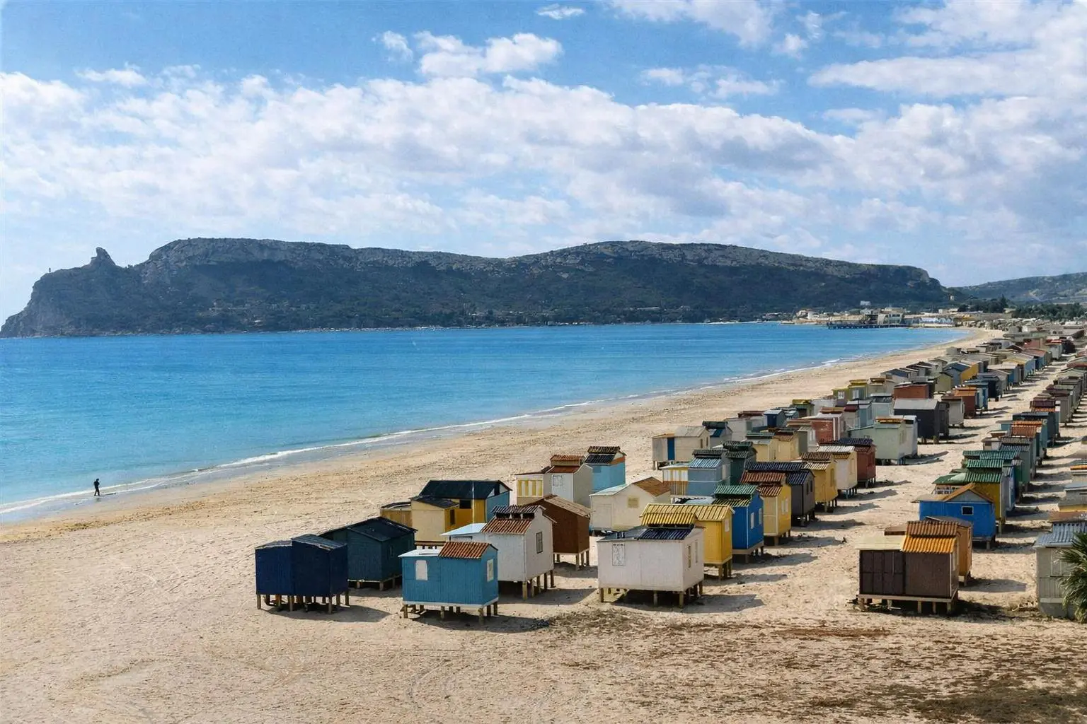 Un'immagine panoramica dei casotti al Poetto. Sullo sfondo la Sella del Diavolo
