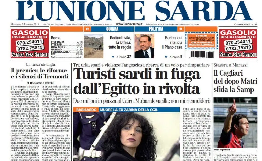 La notizia sulla prima pagina de L'Unione Sarda