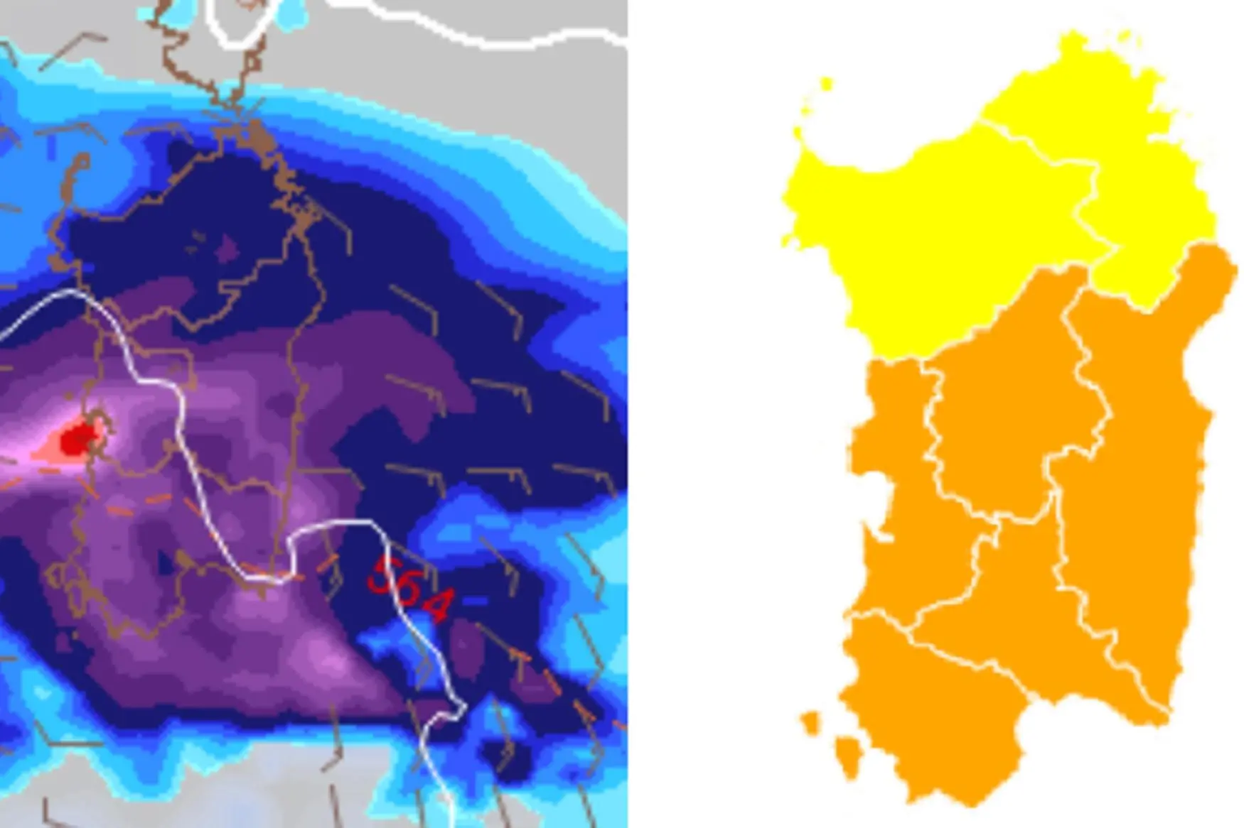 Le mappe meteo di domani per la Sardegna (Immagini Protezione civile regionale)