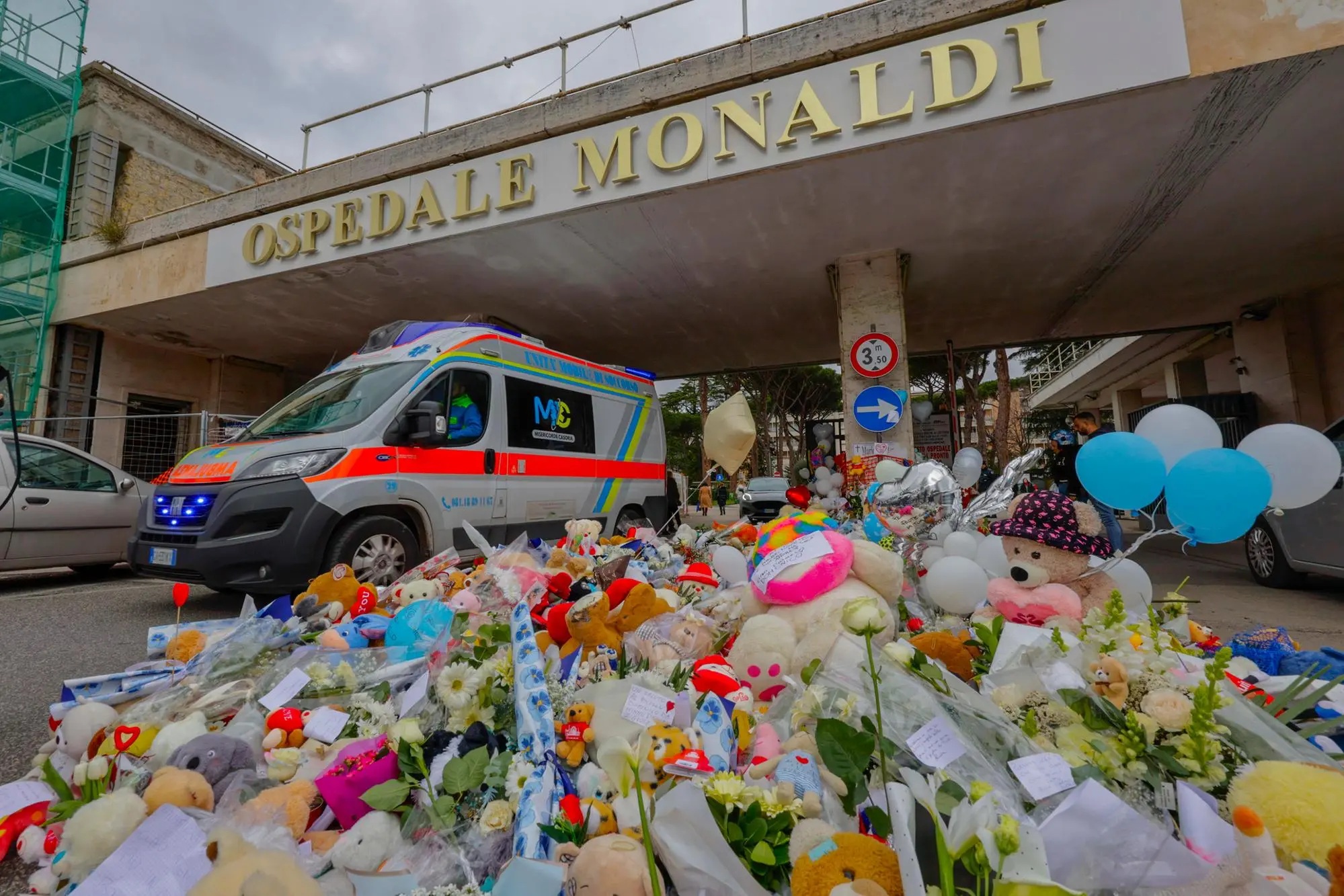 La montagna di peluche per il piccolo Domenico davanti all'ospedale Monaldi di Napoli, 24 febbraio 2026. ANSA/ CIRO FUSCO
