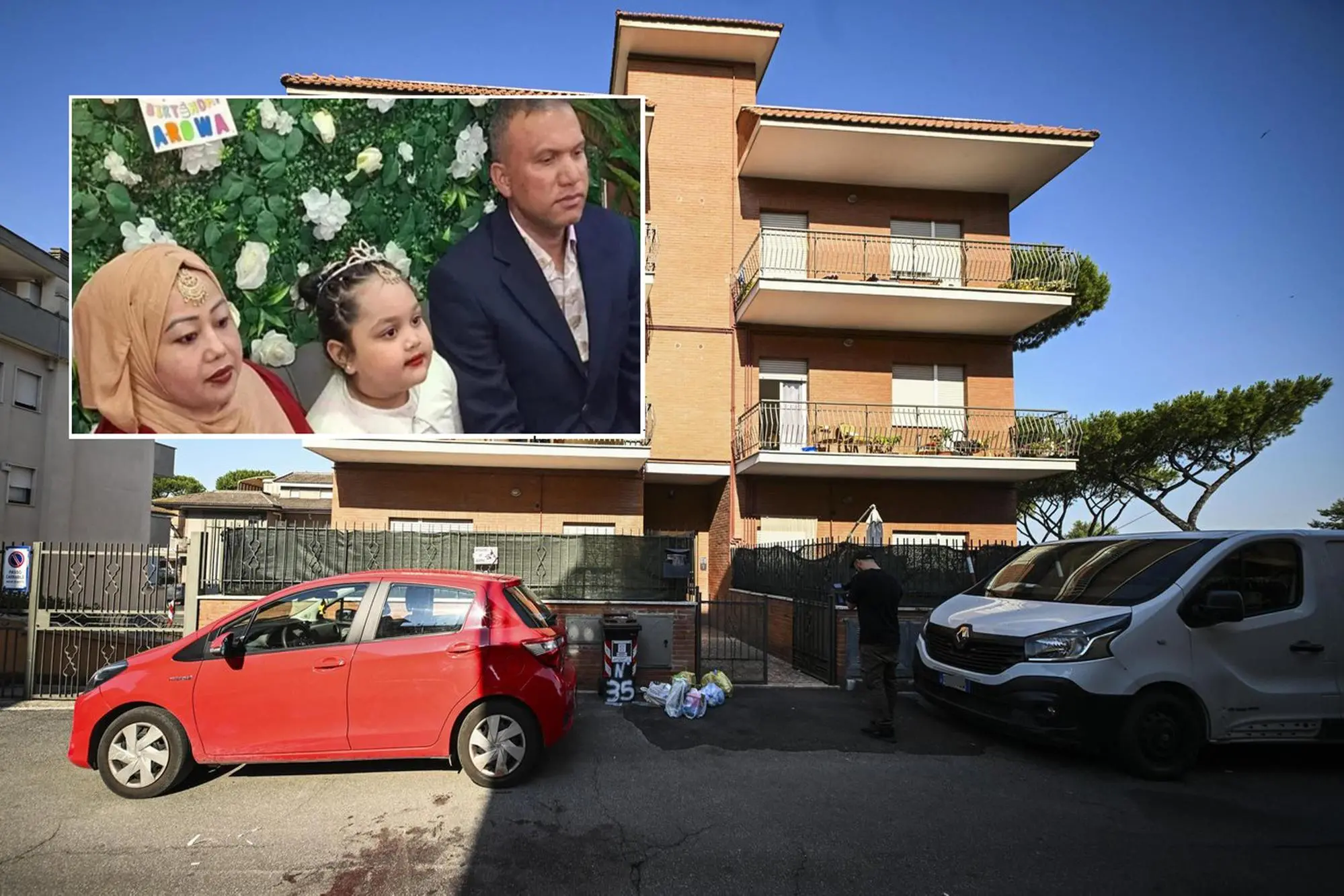 Le foto dell'appartamento di via Montiglio, a Roma, dove sono stati trovati uccisi a coltellate padre, madre e figlia (nel riquadro)