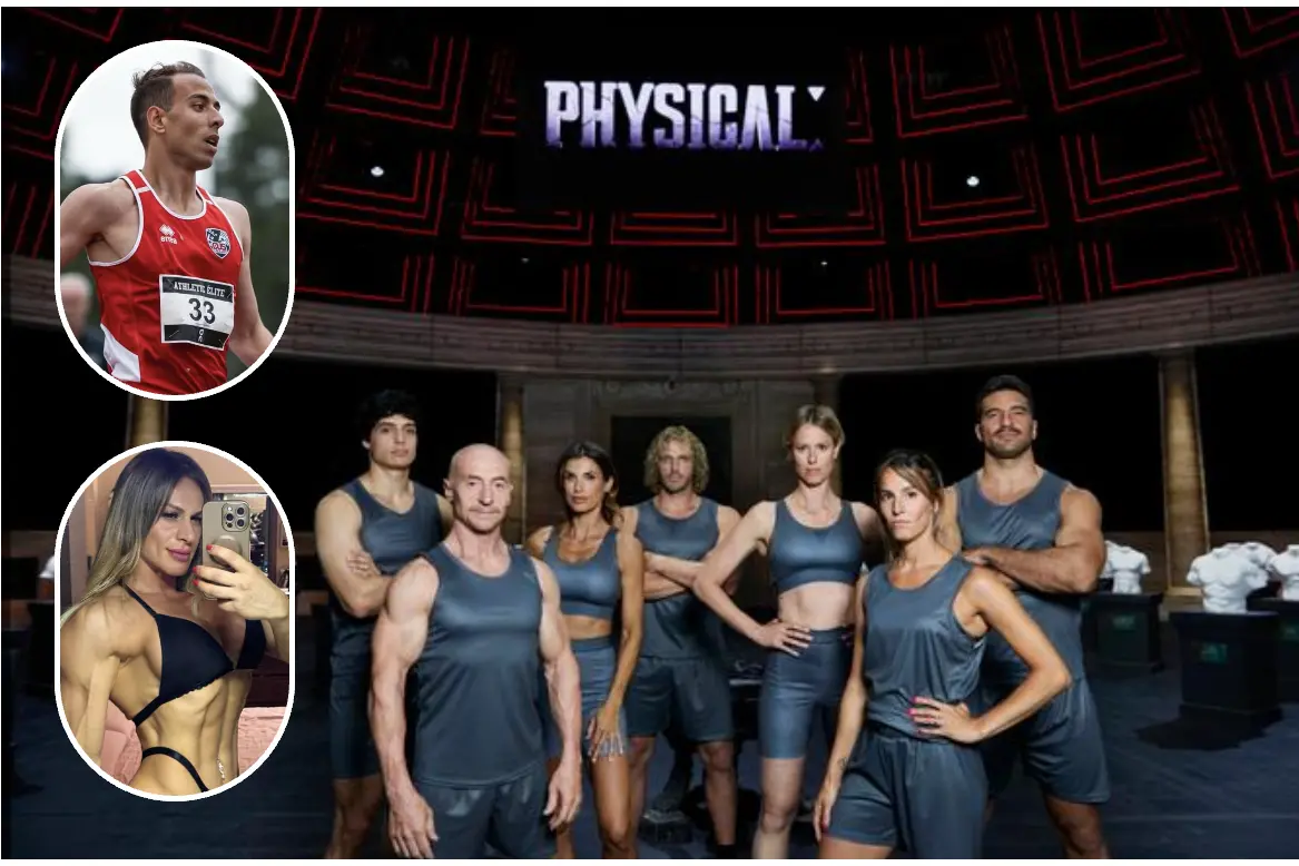 Elisabetta Canalis con gli altri atleti del cast (foto Netflix via Ansa), nei riquadri Ithocor Meloni e Federica Murgia (foto Instagram)
