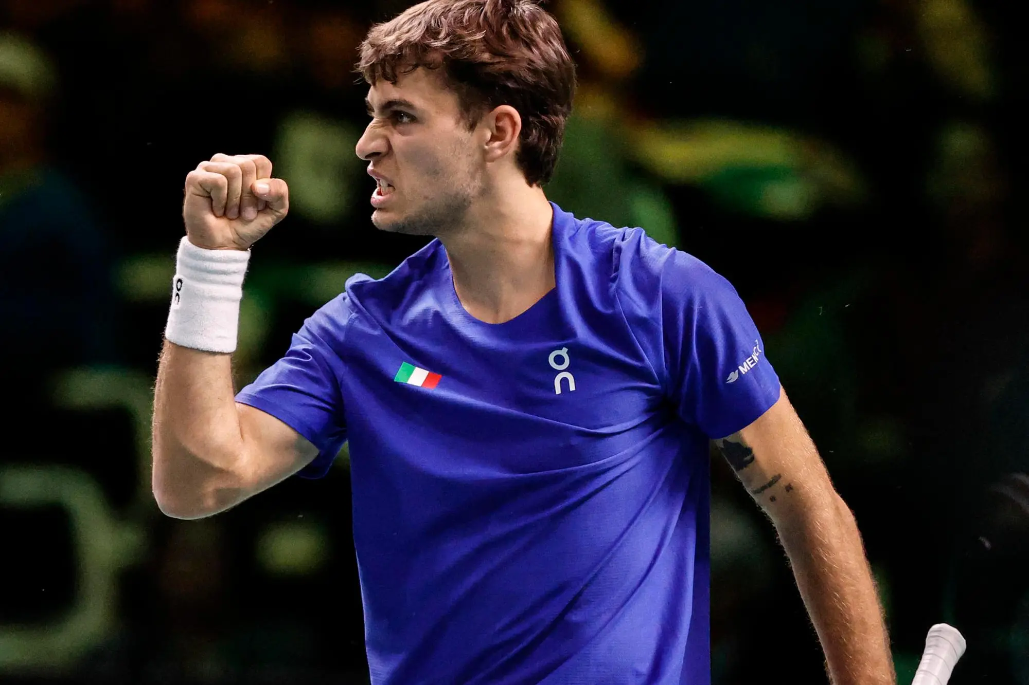 Italy tennis player Flavio Cobolli during single tennis match against Austria player Filip Misolic during Davis Cup 2025 Final 8 at Fiere Exhibition Centre in Bologna Italy, 19 November 2025. ANSA /ELISABETTA BARACCHI