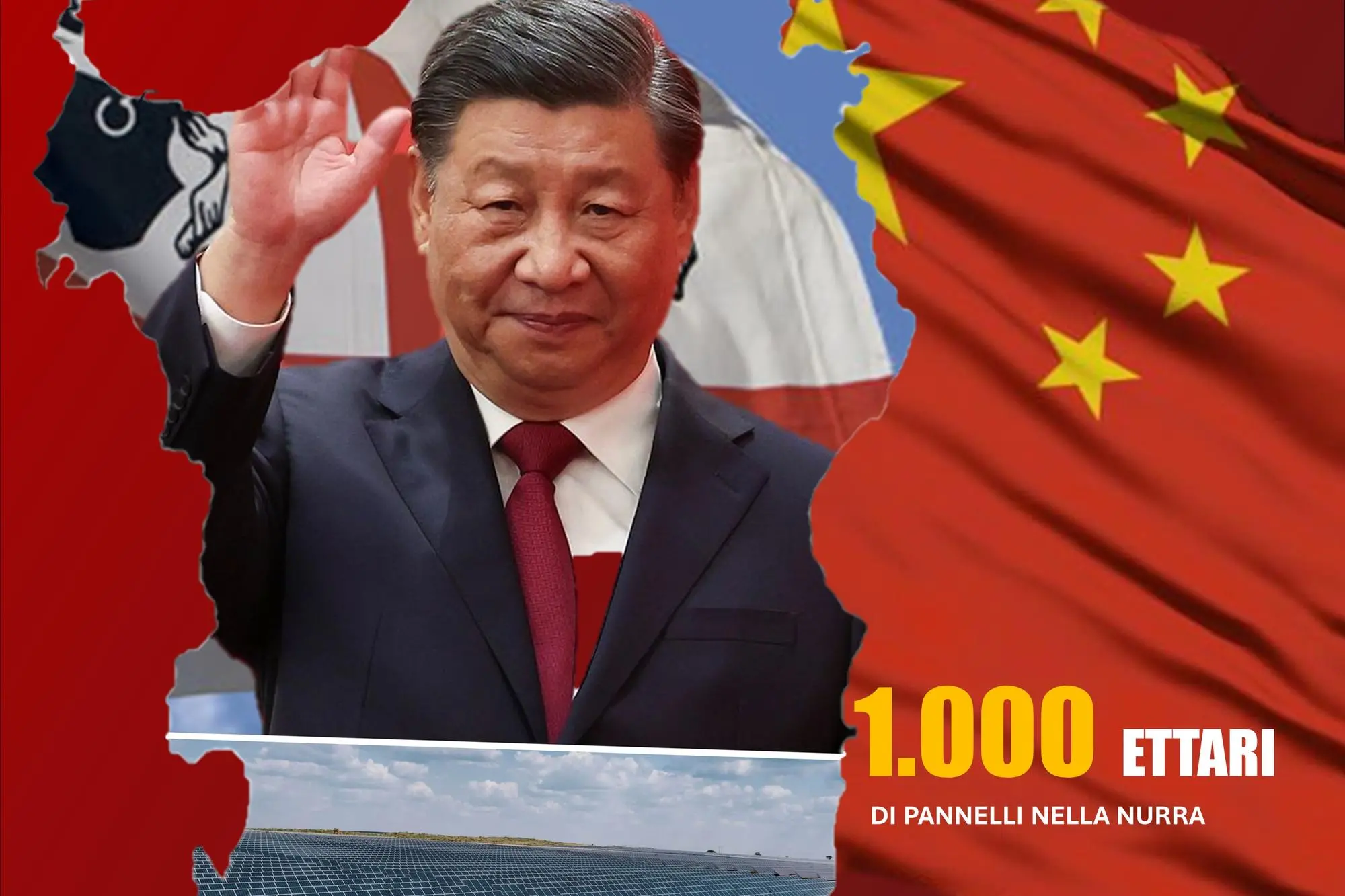 Immagine simbolo delle &quot;mani&quot; cinesi in terra sarda, con il Presidente cinese Xi Jinping (L'Unione Sarda)