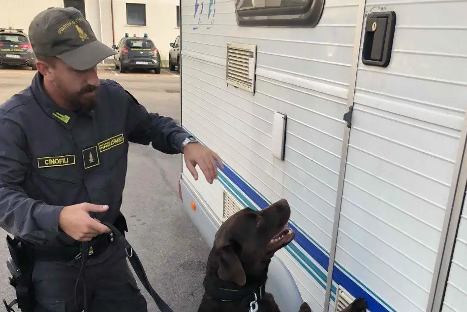 Il cane antidroga vicino al camper (Guardia di Finanza)