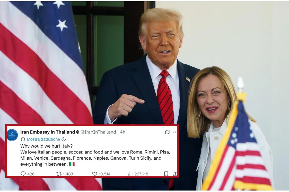 Donald Trump e Giorgia Meloni (Ansa), nel riquadro il post dell'ambasciata iraniana in Thailandia