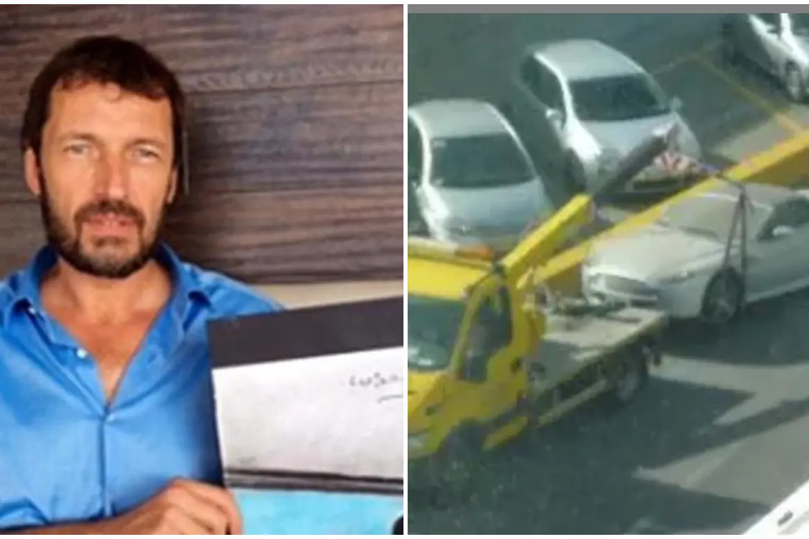 Giulio Lolli e, a destra, la rimozione della lussuosa Aston Martin nei pressi dell'aeroporto di Elmas