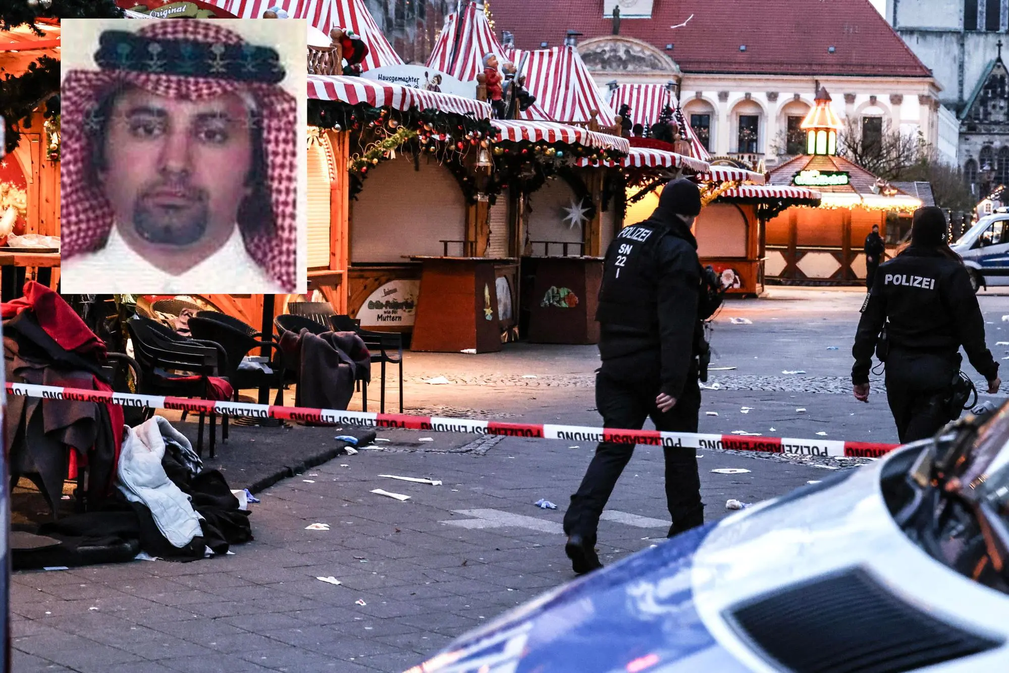 Una foto combo mostra nel riquadro, il presunto autore dell'attacco al mercatino di Brandeburgo il 50enne Taleb Al Abdulmohsen, originario dell'Arabia Saudita e il luogo della strage. EPA/FILIP SINGER