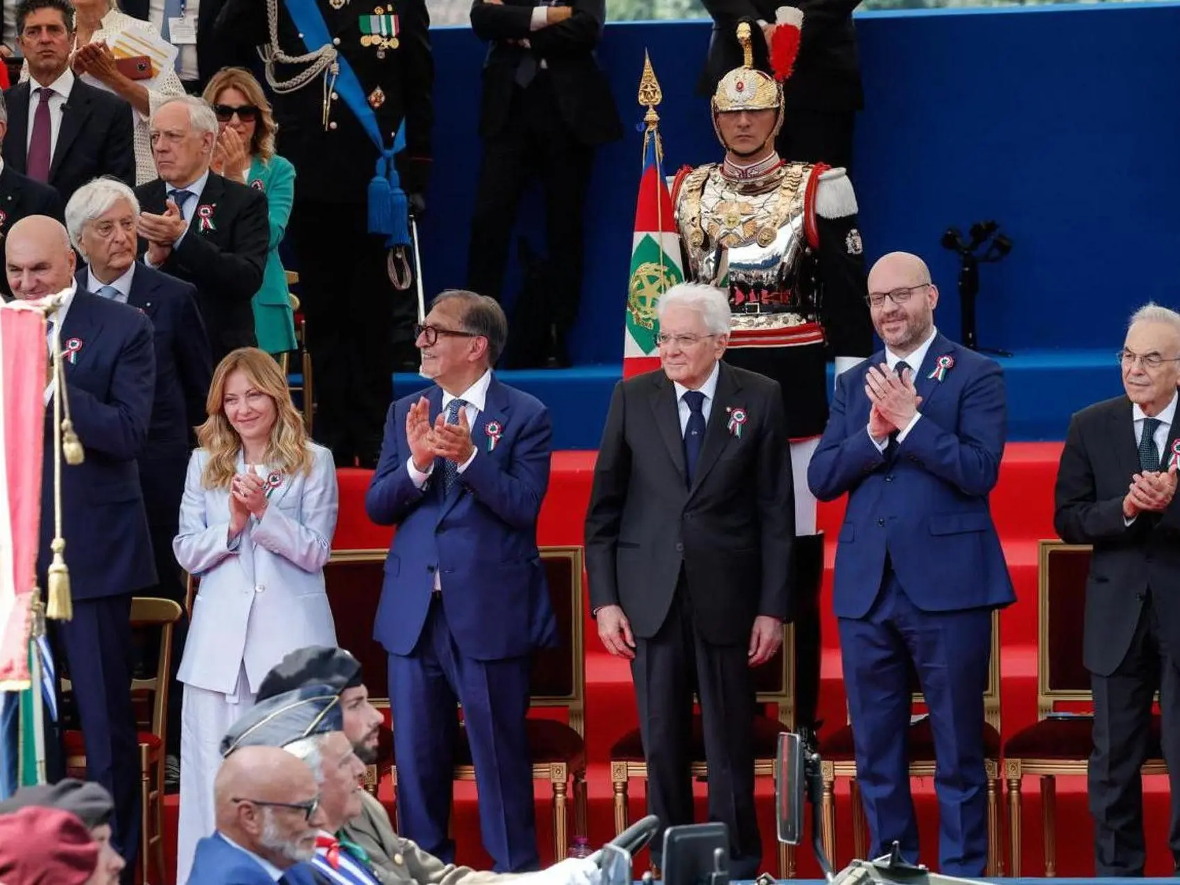 (L-R) Italian Minister of Defence Guido Crosetto, Italian Prime Minister Giorgia Meloni, Italian Senate President Ignazio La Russa, Italian President Sergio Mattarella, Italian President of Chamber of Deputies, Lorenzo Fontana and President of the Italian Constitutional Court, Giovanni Amoroso, attend the annual military parade on the occasion of the 80th anniversary of Republic Day (Festa della Repubblica) at the Fori Imperiali, Rome, Italy, 02 June 2026. Republic Day is a national day of celebration established to commemorate the founding of the Italian Republic. It is celebrated every year on 02 June, the date of the institutional referendum of 1946, with the main celebration taking place in Rome. ANSA/GIUSEPPE LAMI (parata militare)