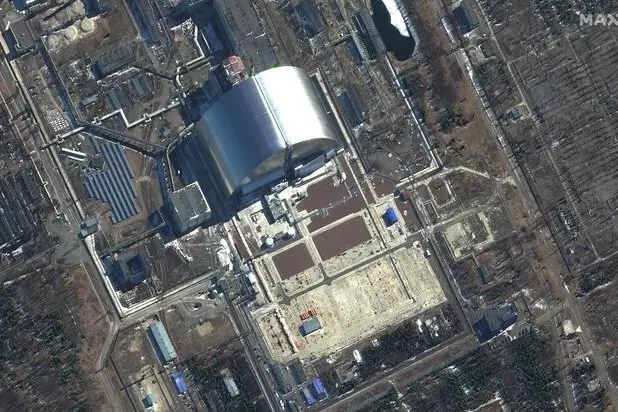 epa09816375 A handout satellite image made available by Maxar Technologies shows an overview of Chernobyl Nuclear Power Plant, Ukraine, 10 March 2022. EPA/MAXAR TECHNOLOGIES HANDOUT -- MANDATORY CREDIT: SATELLITE IMAGE 2022 MAXAR TECHNOLOGIES -- THE WATERMARK MAY NOT BE REMOVED/CROPPED -- HANDOUT EDITORIAL USE ONLY/NO SALES
