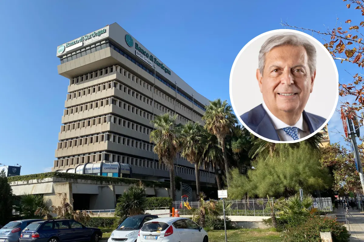 Il Banco di Sardegna e, nel tondo, il presidente Gianfranco Farre