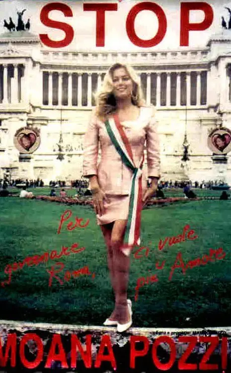Manifesto per la candidatura a sindaco di Moana Pozzi (le foto sono Ansa e Wikipedia)