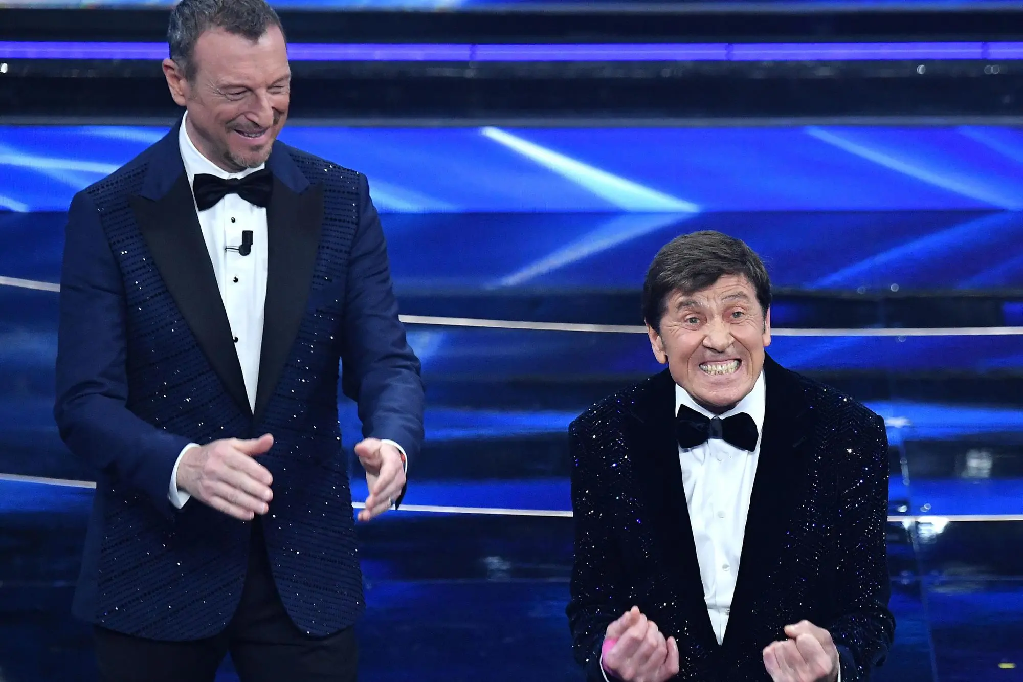 Sanremo Festival host and artistic director, Amadeus (L) and Italian singer Gianni Morandi (R) on stage at the Ariston theatre during the 72nd Sanremo Italian Song Festival, in Sanremo, Italy, 05 February 2022. The music festival runs from 01 to 05 February 2022. ANSA/ETTORE FERRARI