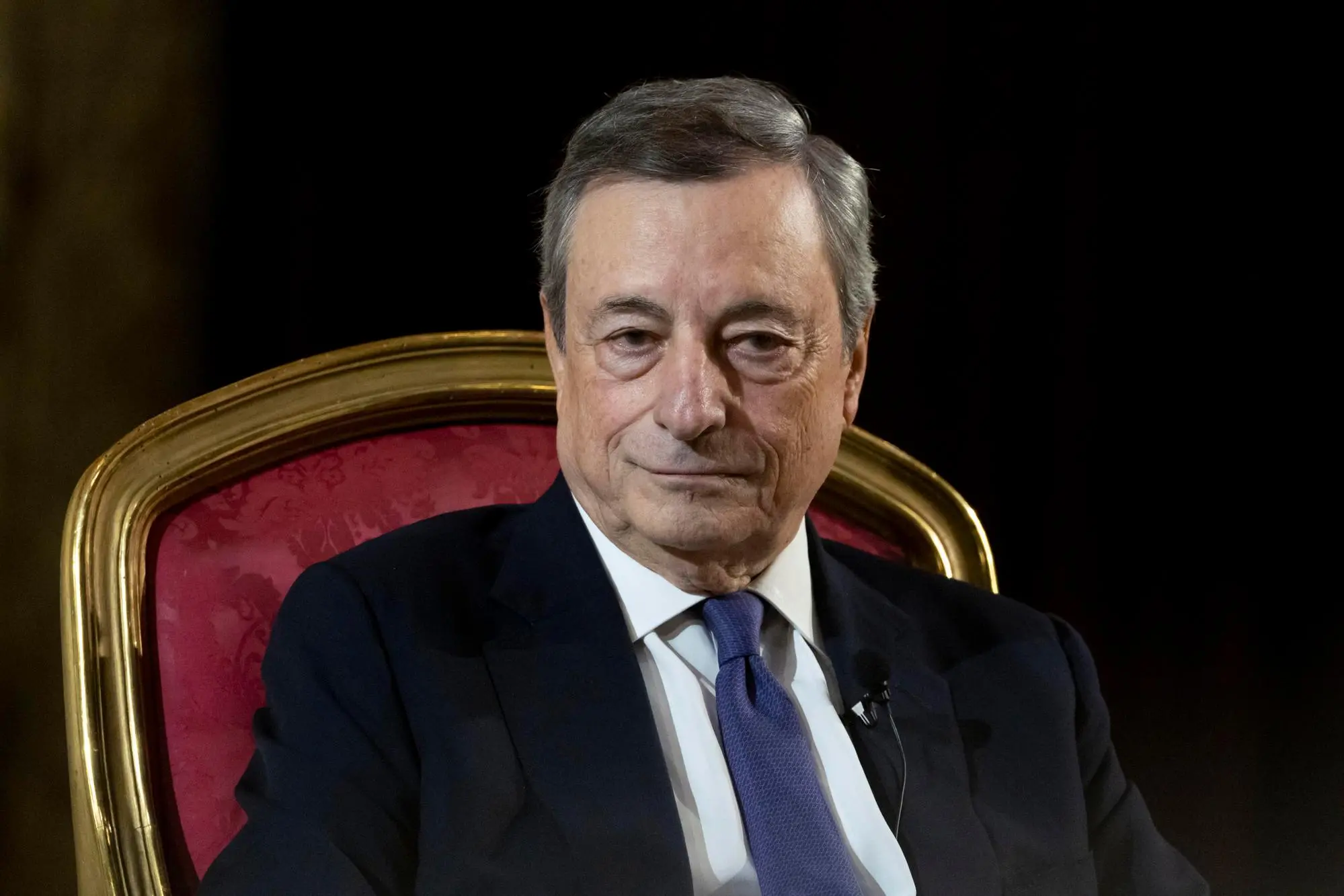 L'ex premier Mario Draghi alla presentazione del libro di Aldo Cazzullo "Quando eravamo padroni del mondo", Roma, 29 novembre 2023. ANSA/MASSIMO PERCOSSI