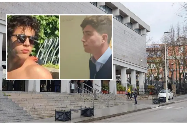 Il tribunale di Tempio Pausania, nel riquadro Ciro Grillo e Francesco Corsiglia (foto L'Unione Sarda)