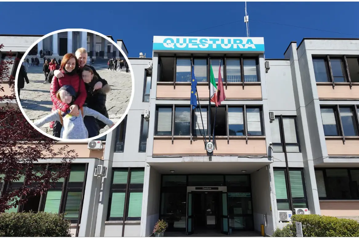La Questura di Campobasso (Ansa), nel riquadro la famiglia Di Vita (dai social)