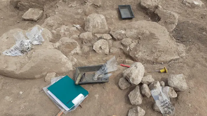 L'immagine di uno scavo che ha riportato alla luce frammenti di due Giganti (Ansa)