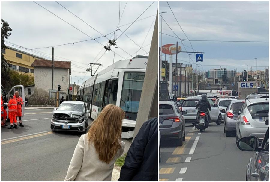 Cagliari, scontro auto-metro in viale Marconi: un ferito e traffico in tilt