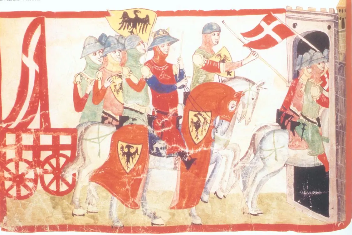 Una miniatura medievale che ritrae l'esercito di Federico II di Svevia