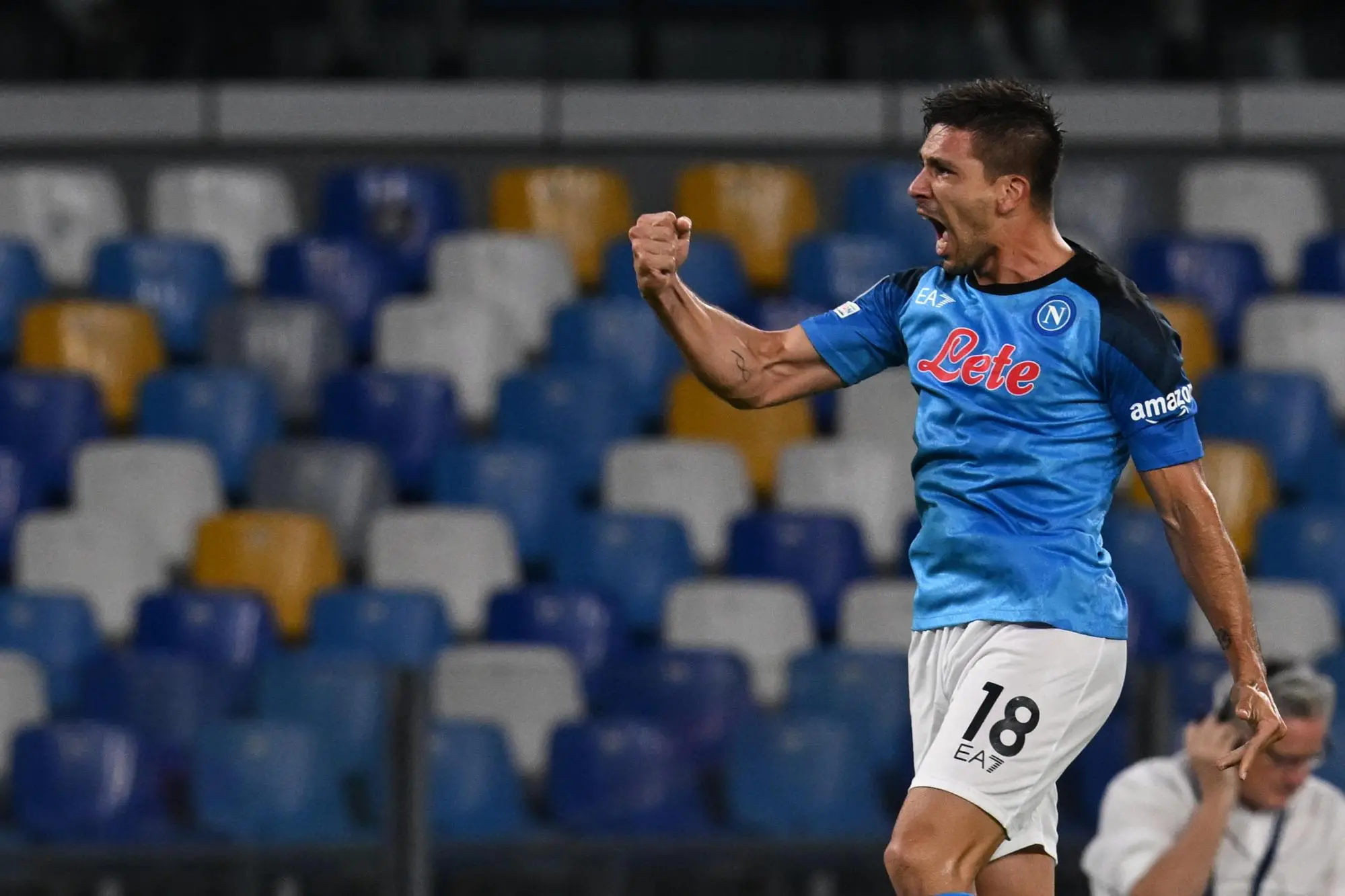 Napoli's foreward Giovanni Simeone jubilates with his teammate after scoring the goal during the UEFA Champions League first leg group A soccer match between SSC Napoli and Liverpool FC at the 'Diego Armando Maradona' stadium in Naples, Italy, 7 September 2022 ANSA / CIRO FUSCO