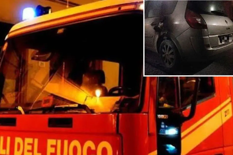 Nel riquadro, l'auto incendiata in via Carboni Boi a Cagliari