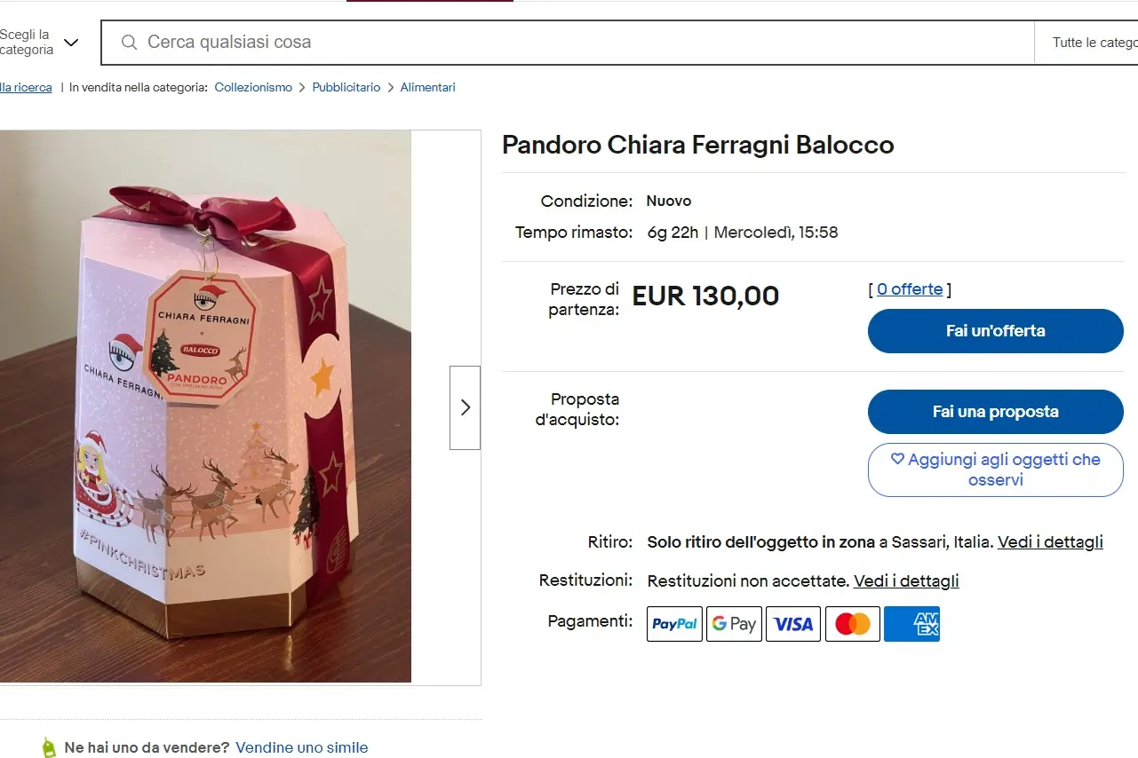 Il pandoro di Chiara Ferragni messo in vendita all'asta da Sassari