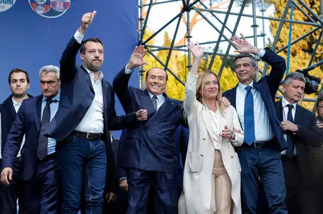 (L-R) Federal secretary of Italian party Lega Nord Matteo Salvini, and president of Italian party 'Forza Italia' Silvio Berlusconi and leader of Italian party Fratelli d’Italia (Brothers of Italy) Giorgia Meloni attend the center-right closing rally of the campaign for the general elections at Piazza del Popolo, in Rome, Italy, 22 September 2022. ANSA/GIUSEPPE LAMI