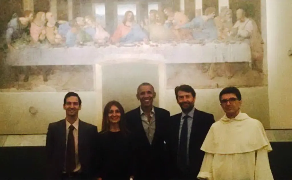 Barack Obama con il ministro Dario Franceschini, alle spalle l'Ultima cena di Leonardo