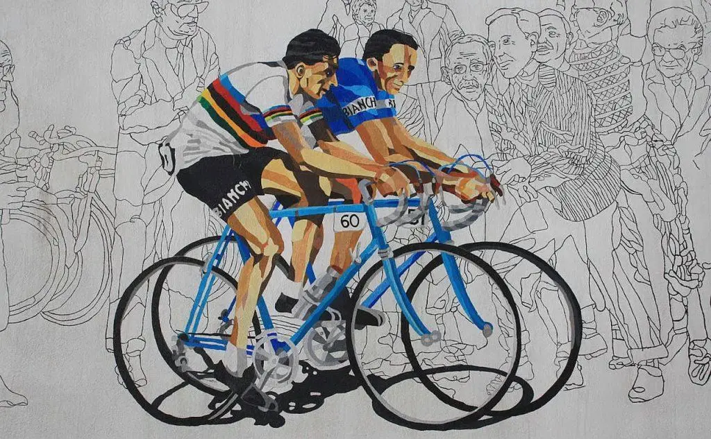 Murale a Castellania che ritrae il campione insieme al fratello Serse (foto Wikipedia)