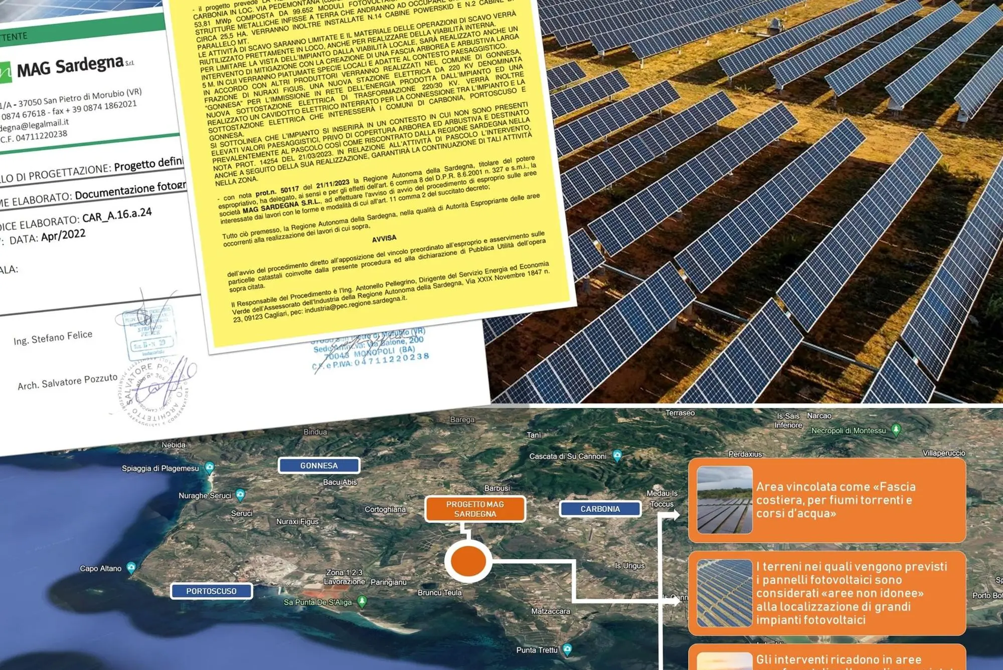 Il progetto di Mag Sardegna; l'avvio dell'esproprio; una distesa di pannelli solari; la mappa dei divieti nell'area del Sulcis (L'Unione Sarda)