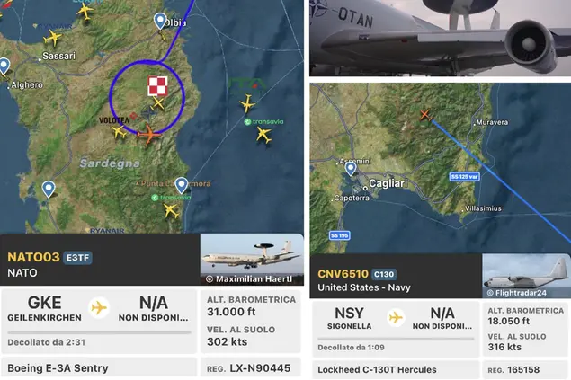 Il tracciato dell'aereo Usa sui cieli sardi in arrivo da Sigonella; il rilievo satellitare del Notam del Boeing E.3A Sentry, l'aereo comando della Nato, che ha operato in una rotta circolare nel centro nord-est dell'Isola (L'Unione Sarda)