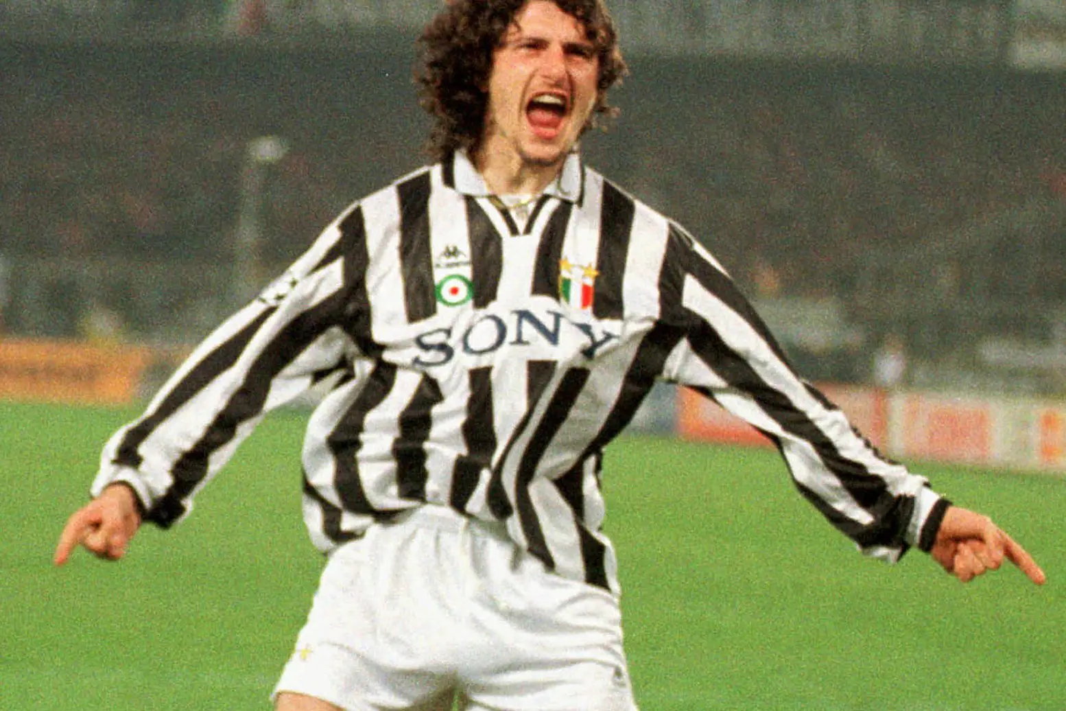 ** FILE ** Juventus Michele Padovano shouts his joy after scoring during the second-leg, quarterfinal match of the Champions League, Juventus vs Real Madrid, at Turin's Delle Alpi stadium, in this file photo taken on March 20, 1996. Padovano was reportedly among 32 people arrested by the Carabinieri of Turin investigating an international drug ring. (AP Photo/Mauro Pilone)