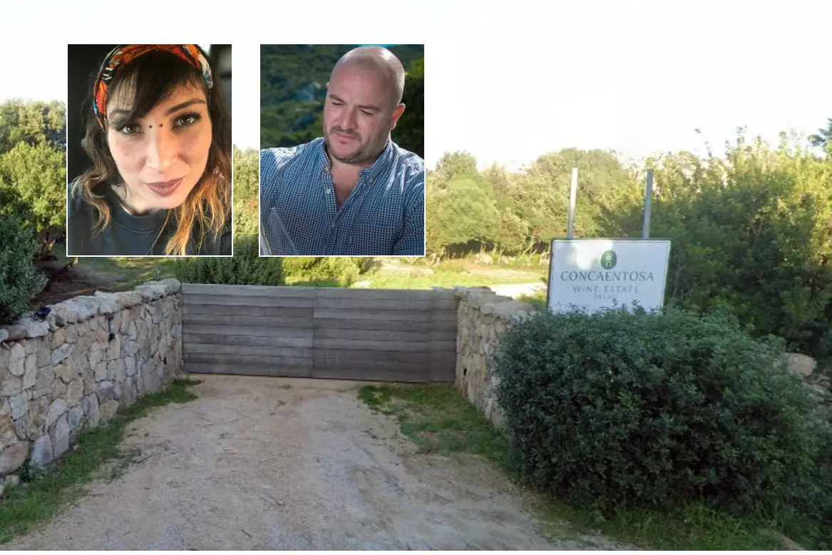 L'ingresso della tenuta di Conca Entosa, nei riquadri Cinzia Pinna ed Emanuele Ragnedda