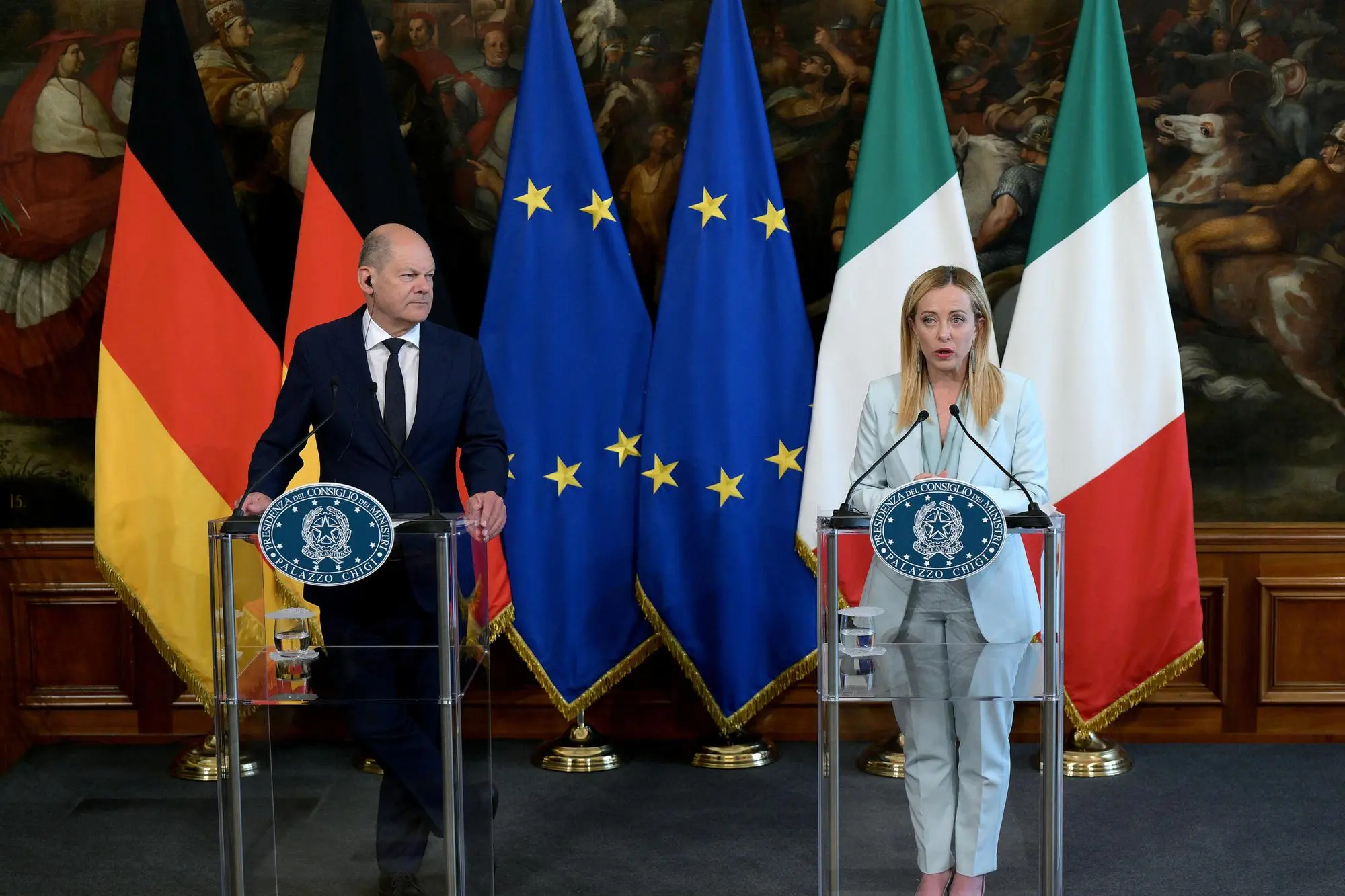 Italian Prime Minister Giorgia Meloni (R) and German Chancellor Olaf Scholz (L) hold a joint news conference following their meeting at Chigi Palace in Rome, Italy, 08 June 2023. ANSA/ETTORE FERRARI